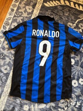 Inter Milan Ronaldo Black & Blue Striped Nike Jersey with Pirelli Logo